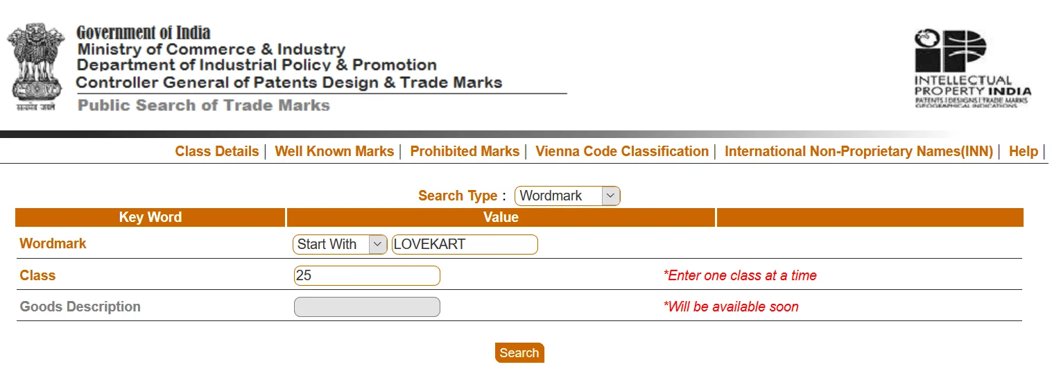 Public trademark search with keyword and class entered - example case