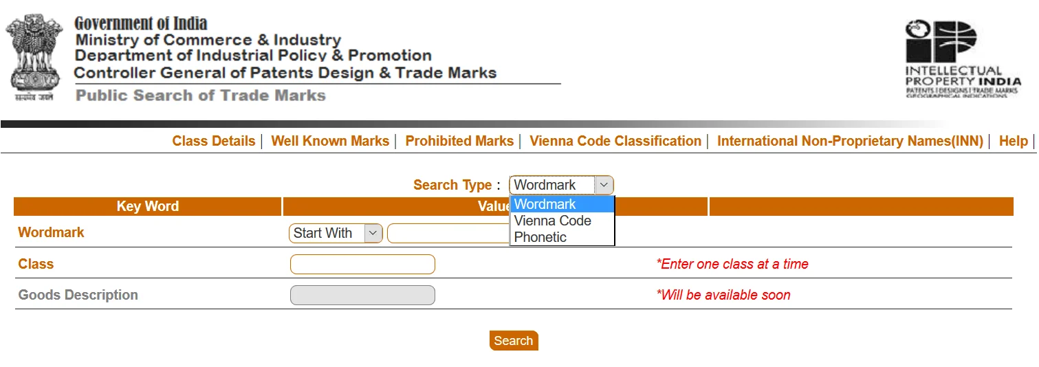 Select trademark search type on Indian Trademark Search