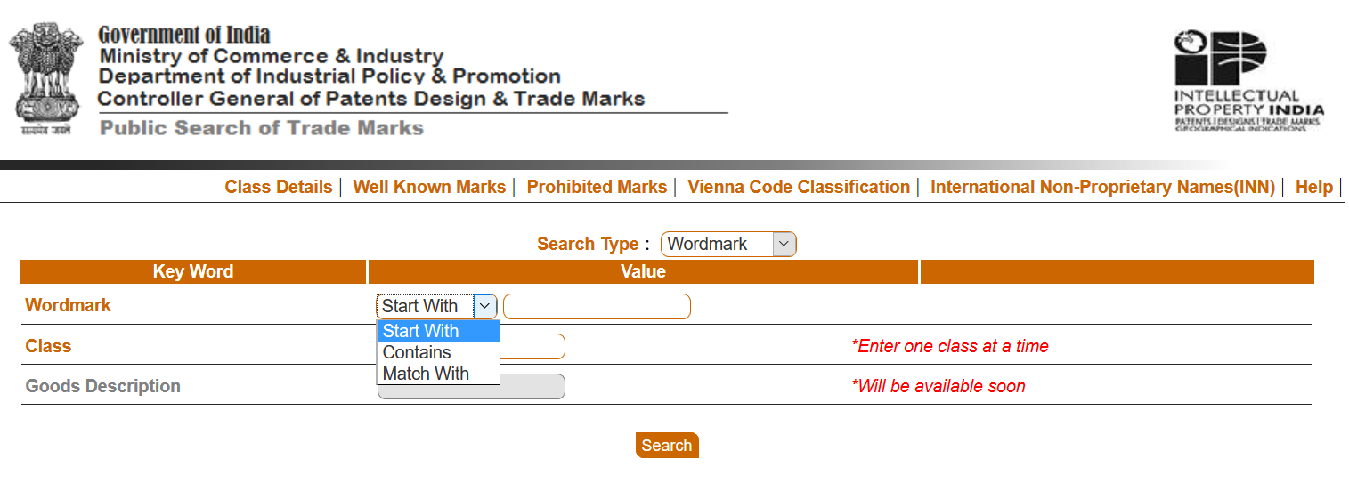 Wordmark search type options for public trademark search in India